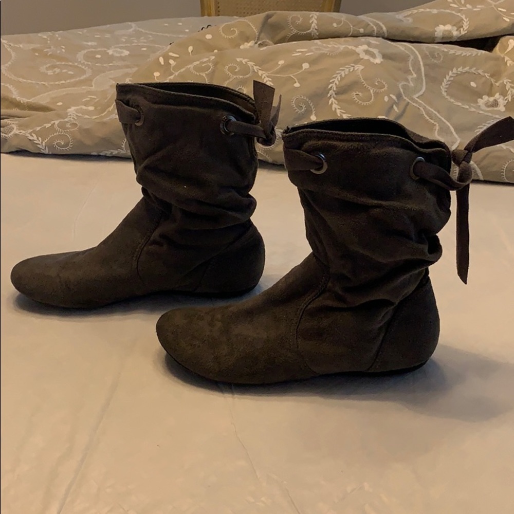Grey Faux Suede Ruched Booties